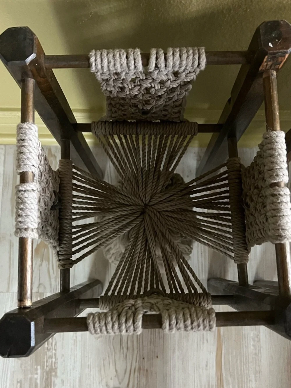 Vintage Handmade wooden and macrame plant stands featuring a woven owl pattern